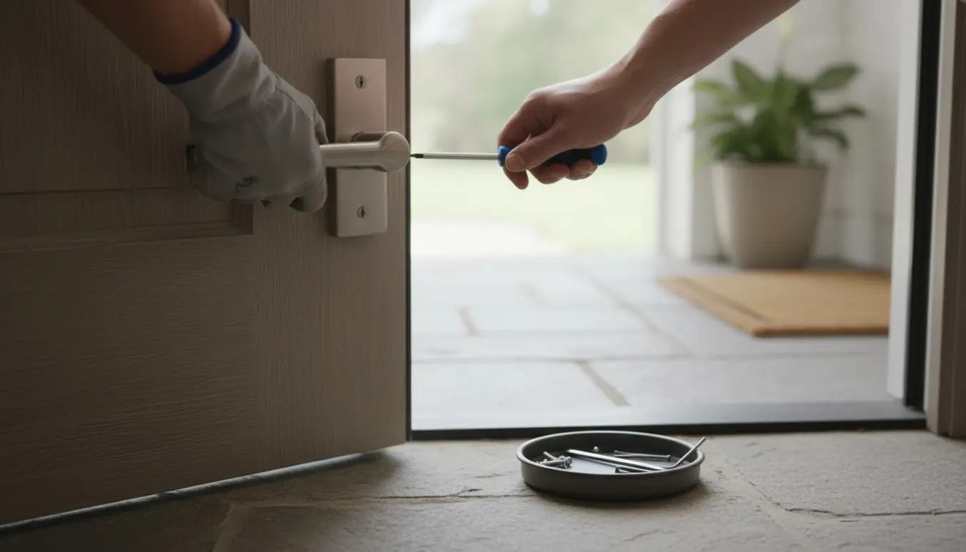 Nærbillede af hænder, der strammer et løst metal dørhåndtag på en yderdør med skruetrækker og skruer på en bakke.