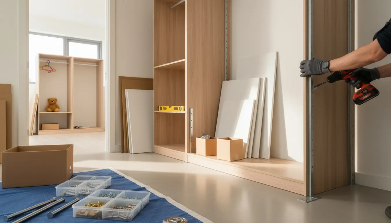 Montering af modulopbygget walk-in garderobe i lyst værelse med værktøj og delvist samlet garderoberamme.