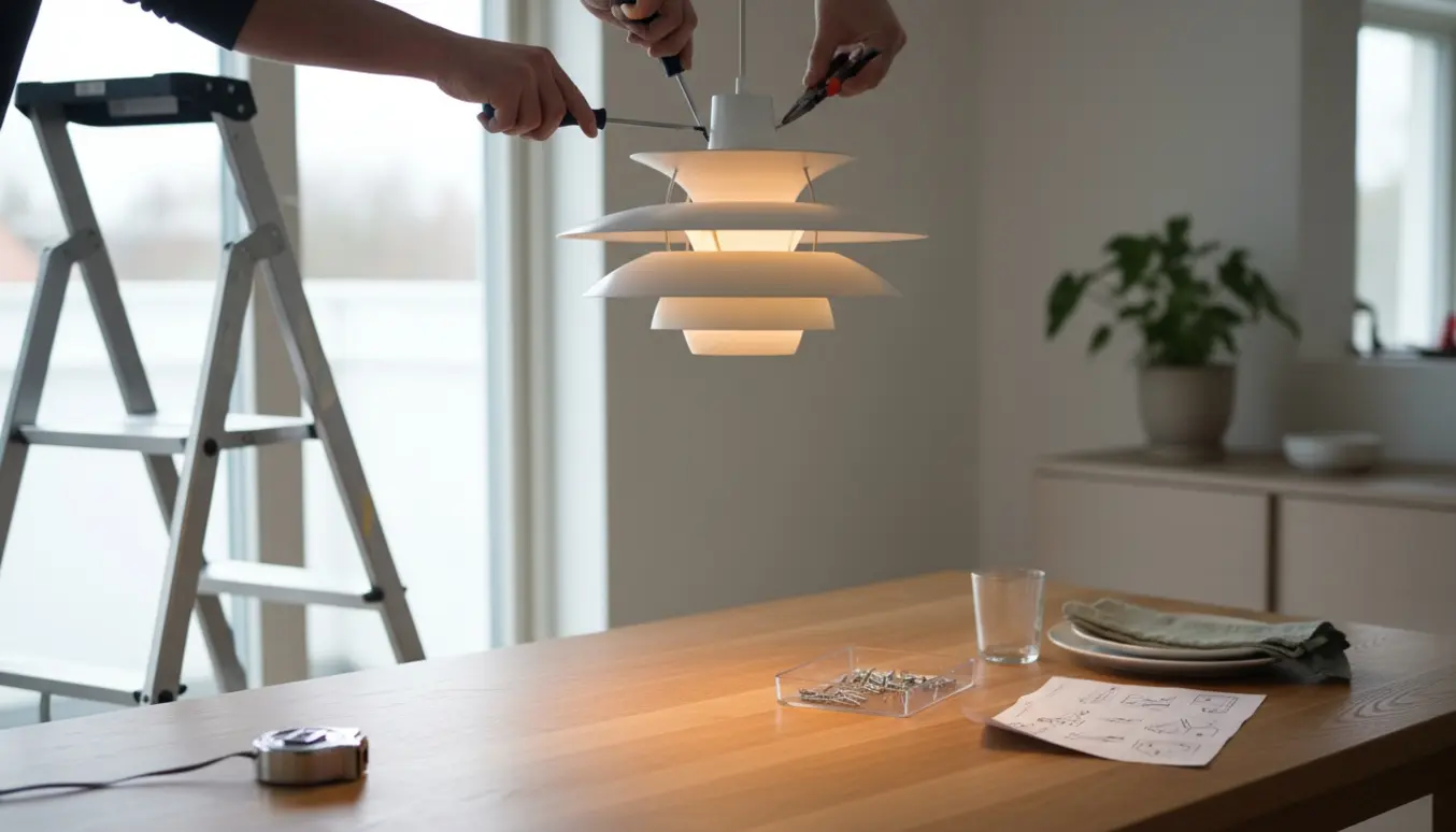 En PH-lampe monteres over et træspisebord, hænder på en stige justerer lampen under blødt varmt lys.