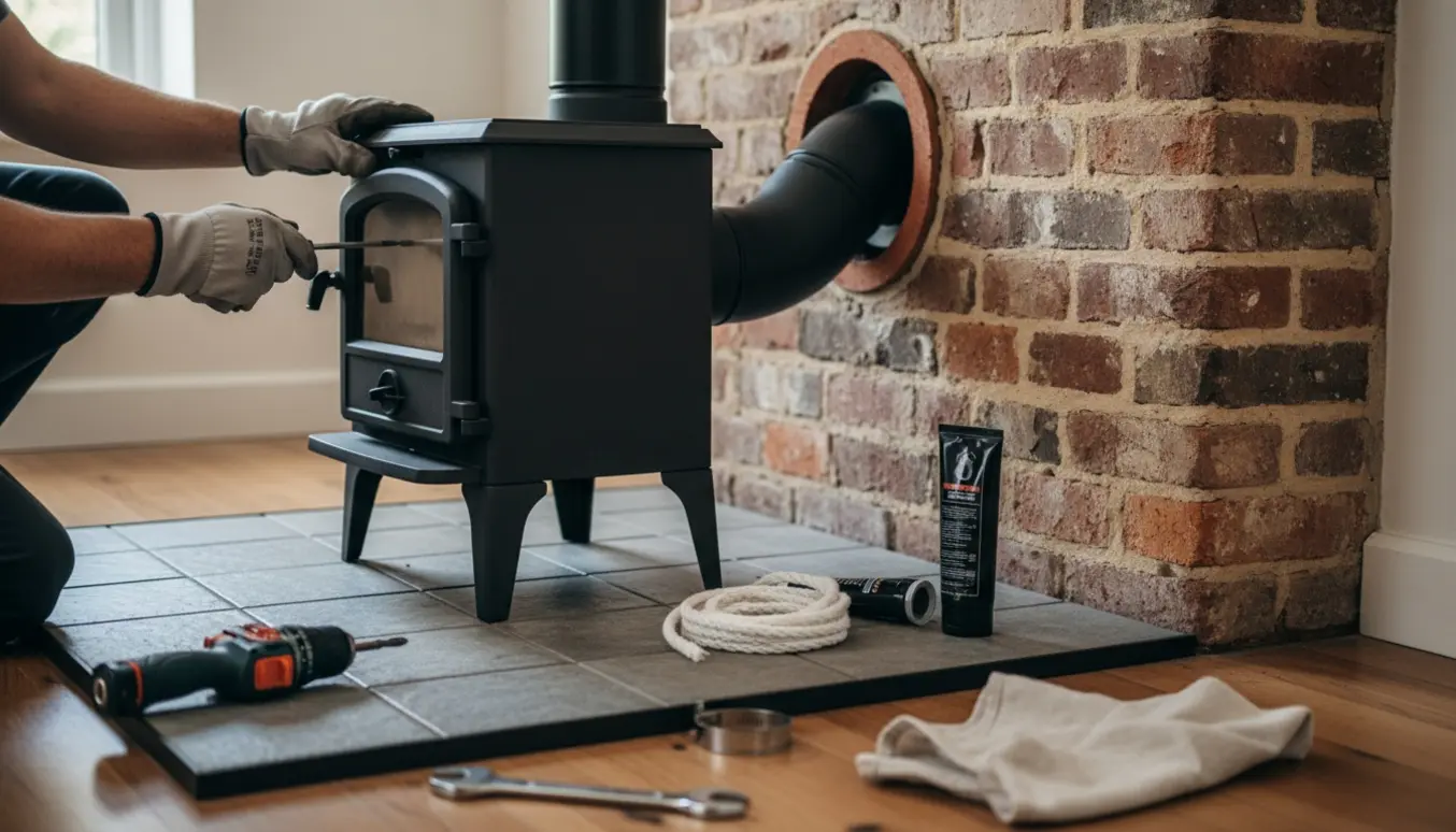 Nærbillede af tilslutning af en ny Morsø 1442 brændeovn, hvor hænder i arbejdshandsker forbinder røgrøret til skorstenen.