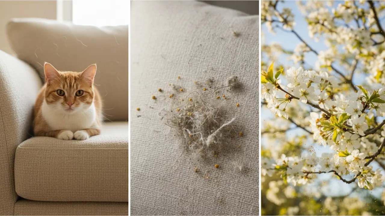 Visuel fremstilling af almindelige allergener: kat, støv på pude og pollen i baggrunden