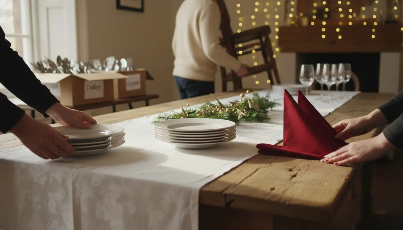 Hænder dækker et julebord med dug, service og glas i et lyst festlokale.