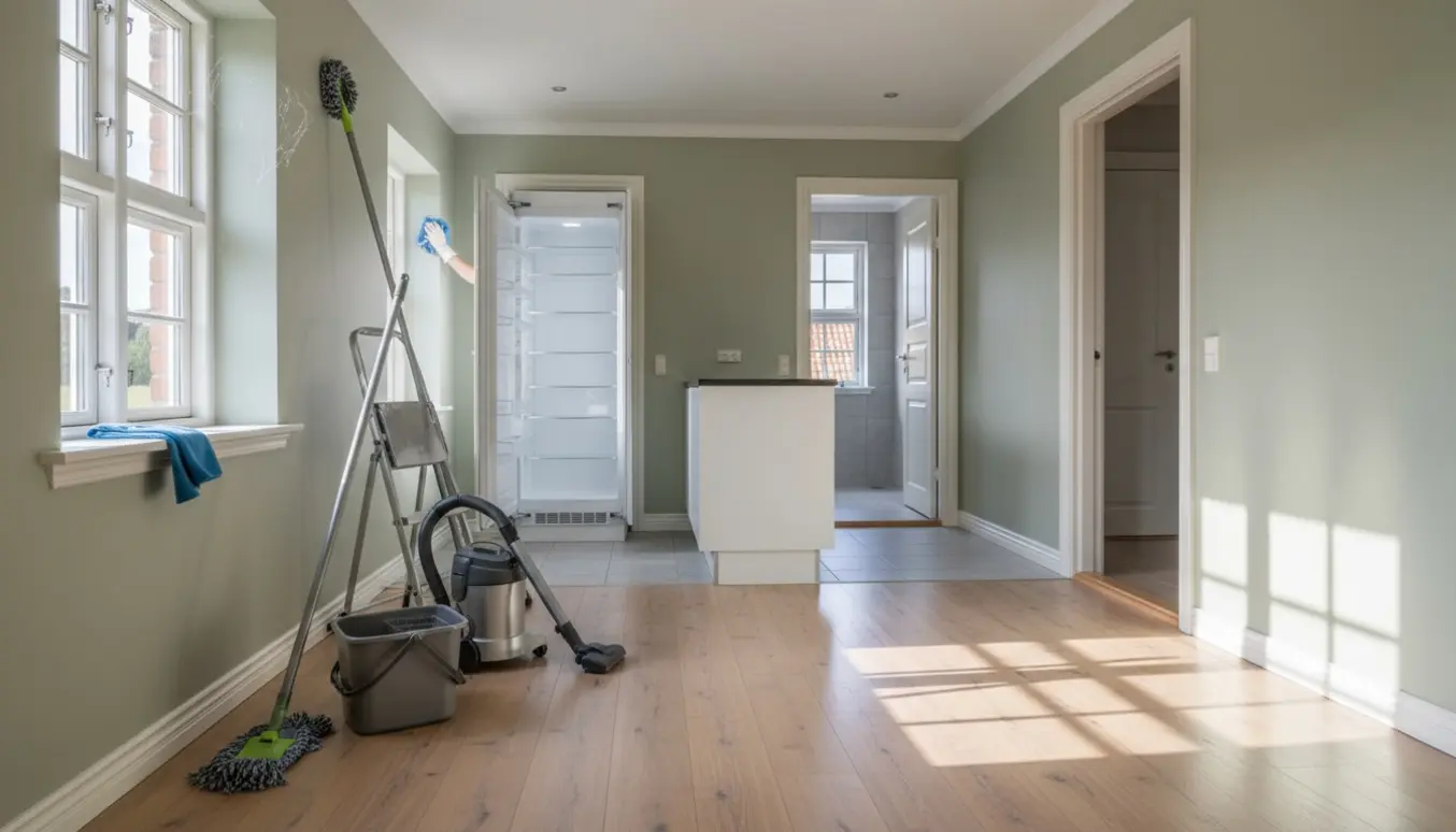 Tomme ny-rengjorte rum med bondehusvinduer, moppe, støvsuger og en handske, der pudser vindueskarmen.