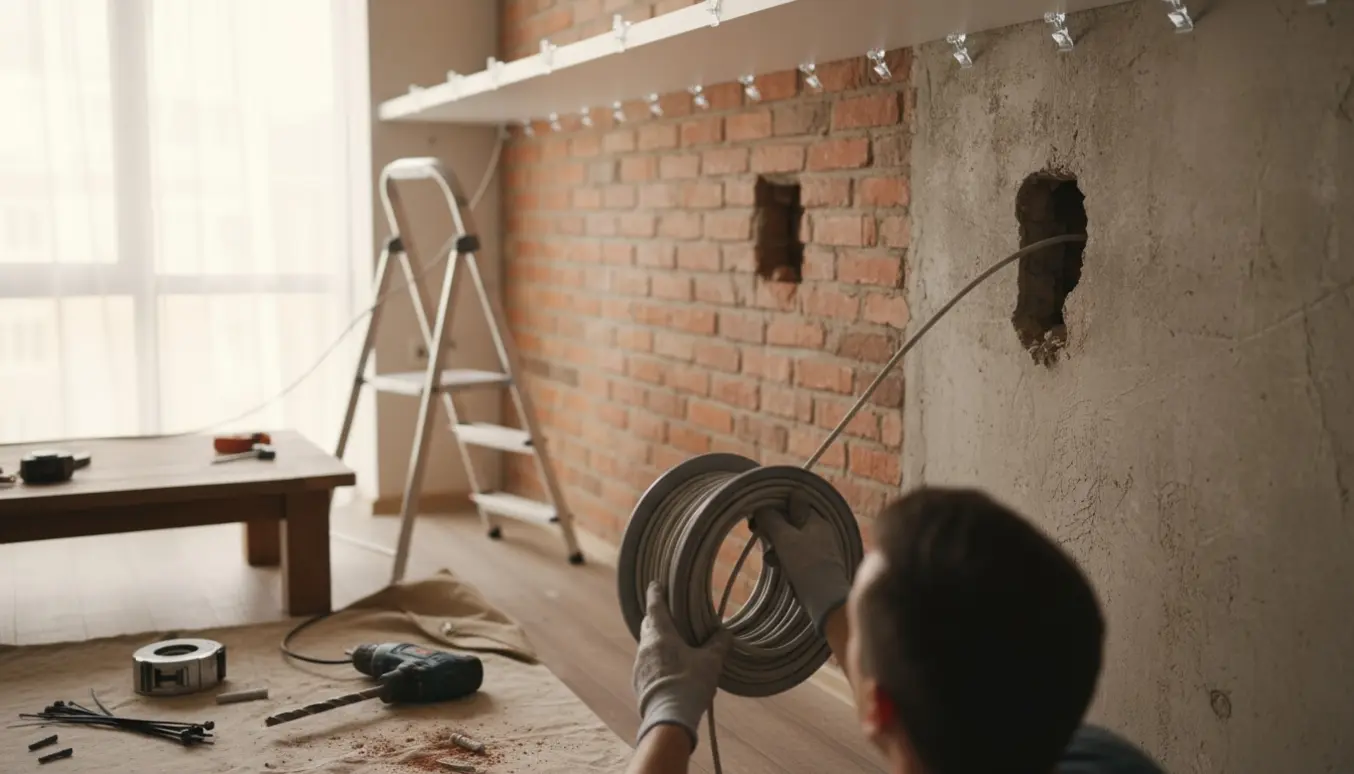 Hænder fører et Ethernet-kabel langs loftskanten gennem lejlighedens vægge med værktøj og kabelrulle i baggrunden.