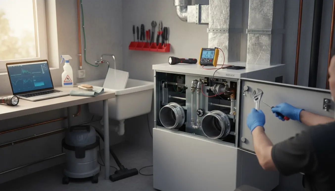 Tekniker indregulerer og rengør et ventilationsanlæg i et husholdnings teknikrum.