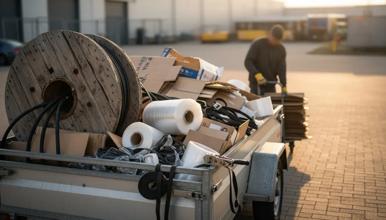 En åben trailer fyldt med pap, plastik og en ødelagt kabeltromle klar til afhentning.