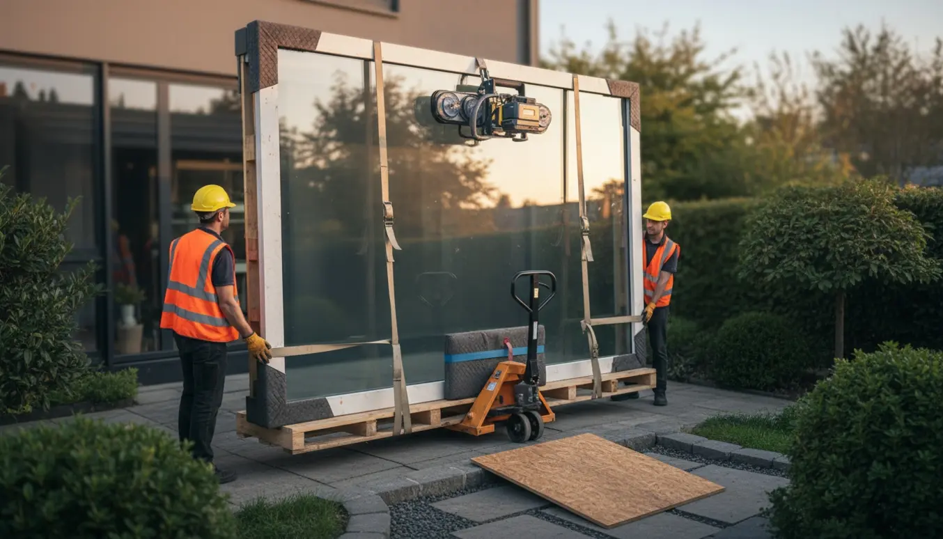 Et flytteteam flytter en tung skydedør på palle rundt om husets side med løfteudstyr.