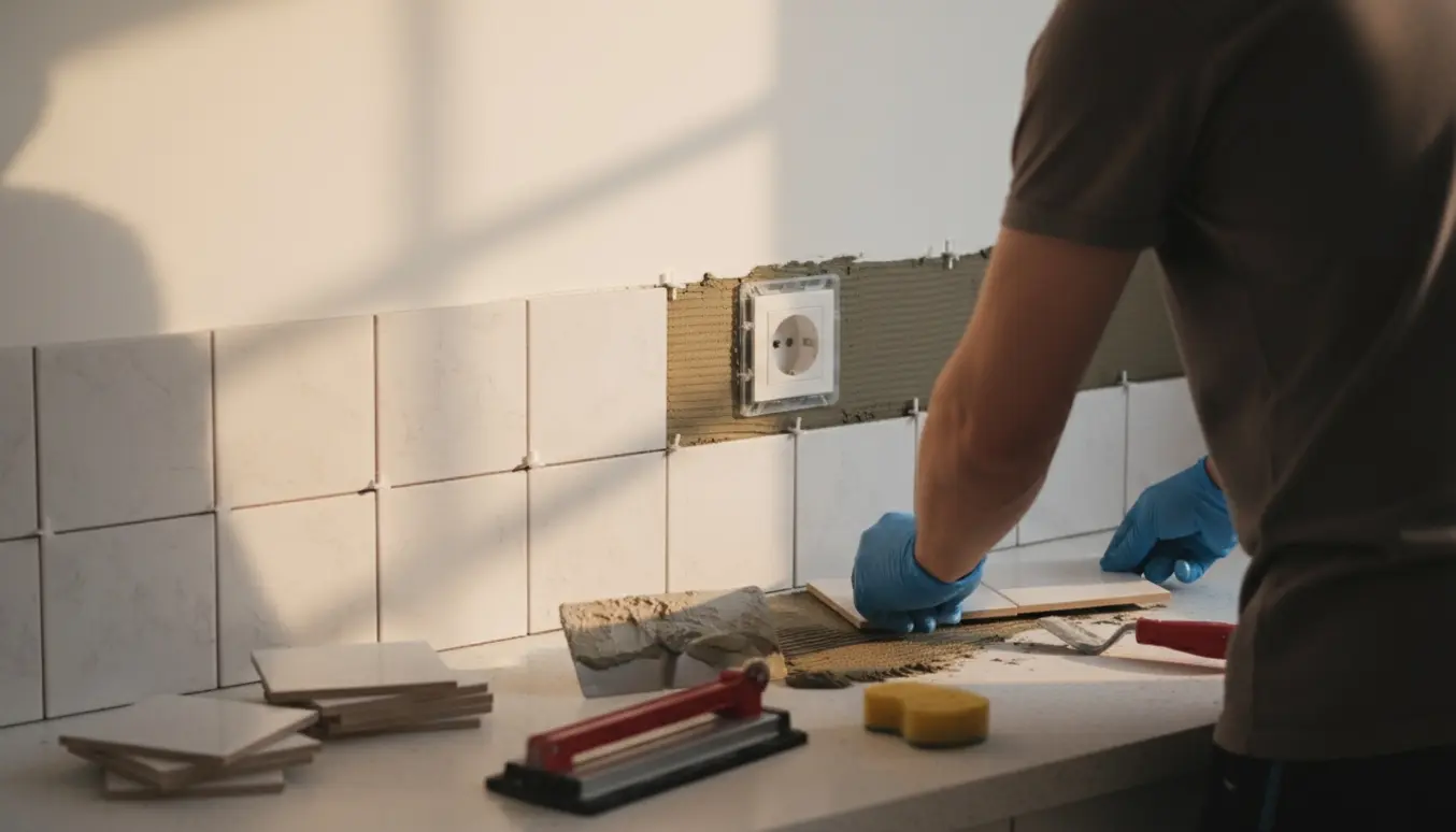Håndværker opsætter 15x15 køkkenfliser over køkkenbordet, med værktøj og en enkelt stikkontakt synlig.