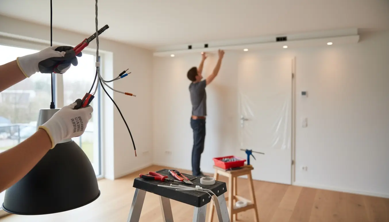 Hænder afkorter en ledning og monterer en rosette i loftet, mens en kabelkanal til spots fæstnes i baggrunden.