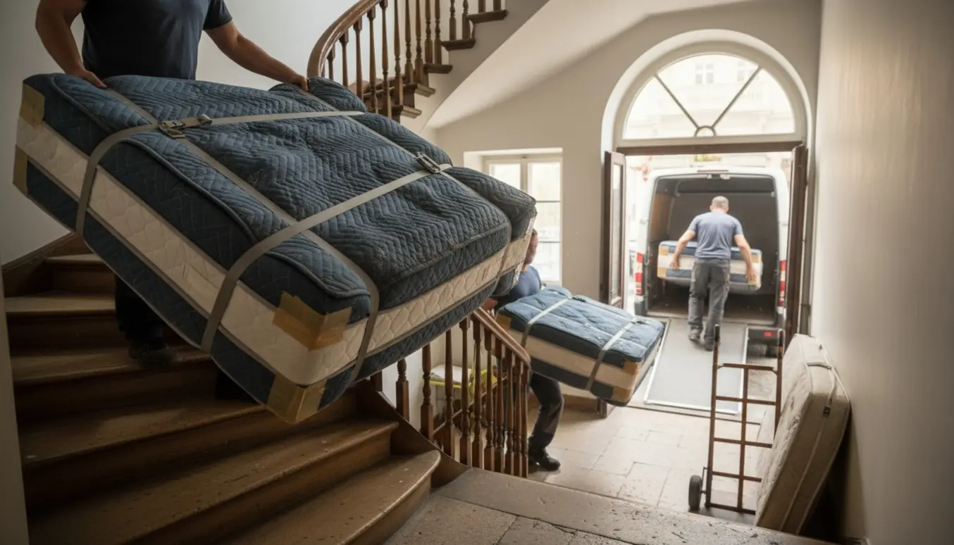Flyttemænd bærer madrasser op og ned ad en opgang, mens en gammel madras læsses ind i en flyttevogn.