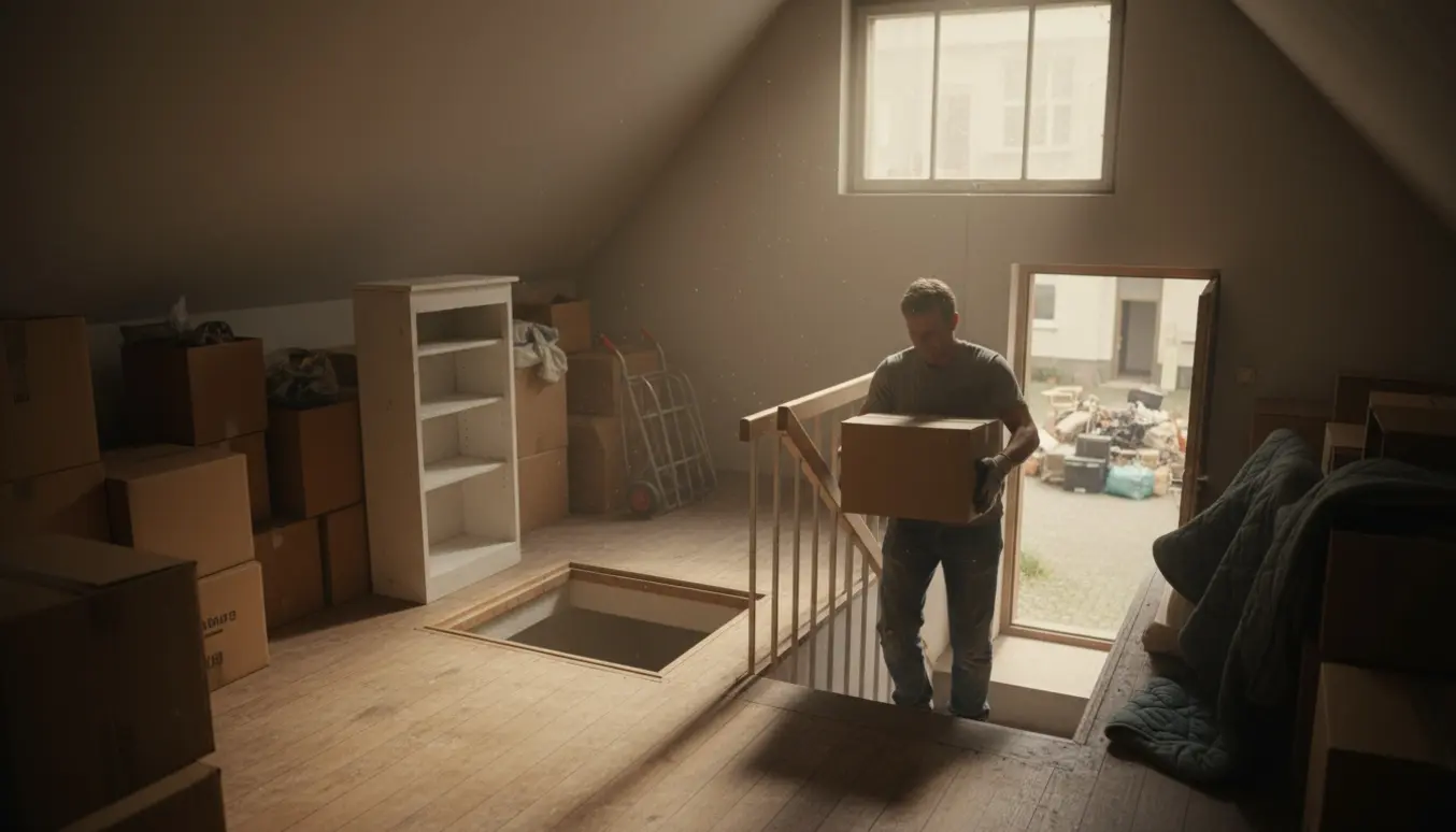 Et solbelyst loft med flyttekasser, en person set bagfra, der bærer en kasse ned ad trappen mod gårdens storskrald.