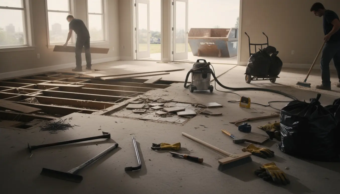 Indendørs renovering med trægulv fjernet, synlige strøer, bunker af gulvbrædder, værktøj og en åben dør til affaldscontainer.