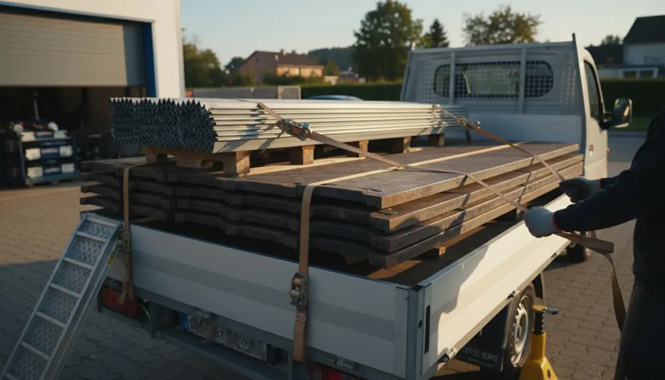 Ladvogn med sikre lange køreplader og tagplader, hvor hænder spænder stropper ved læsset.