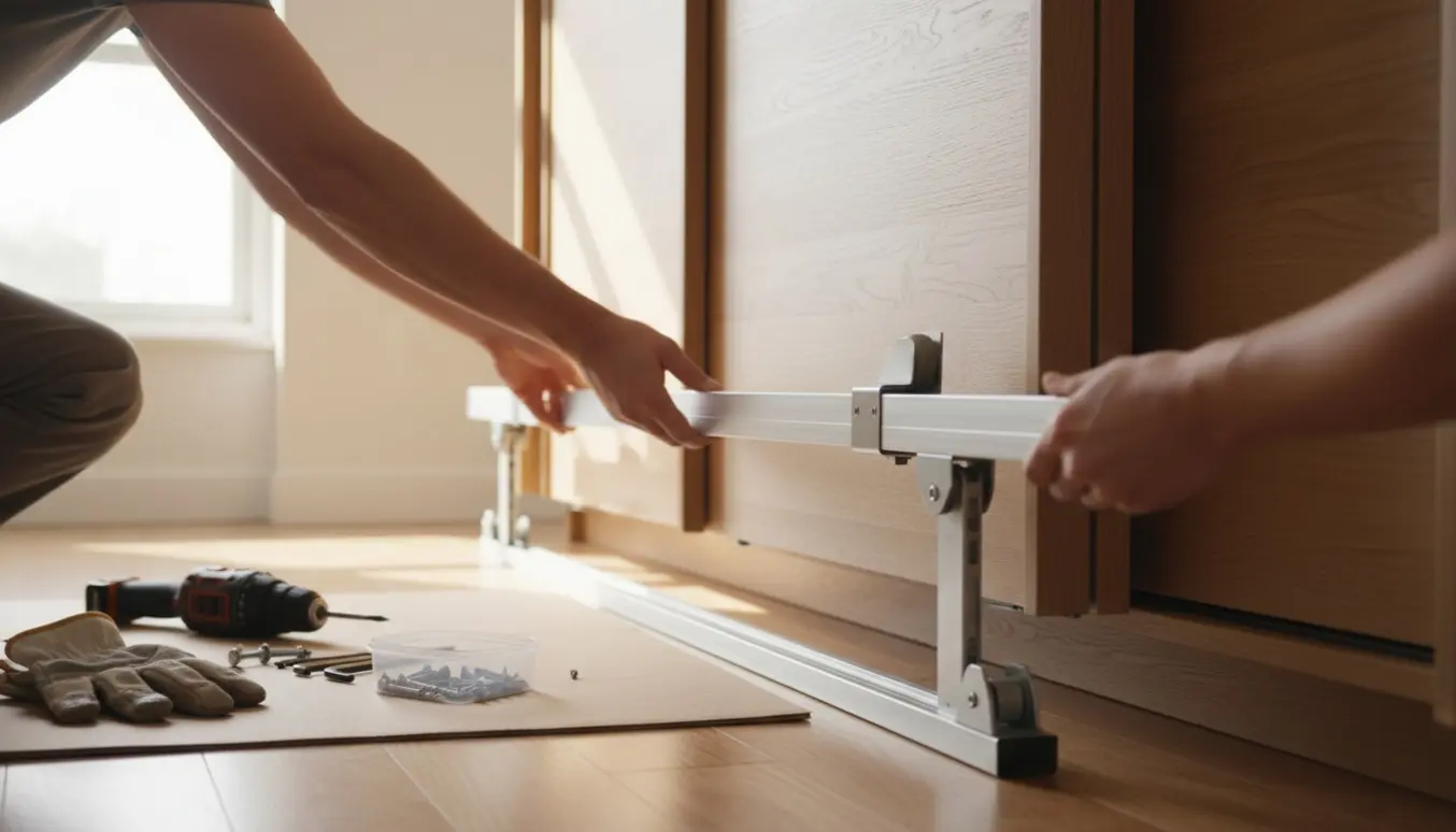 Hænder løfter en skydedør af et garderobeskab under af- og genmontering i et lyst soveværelse.