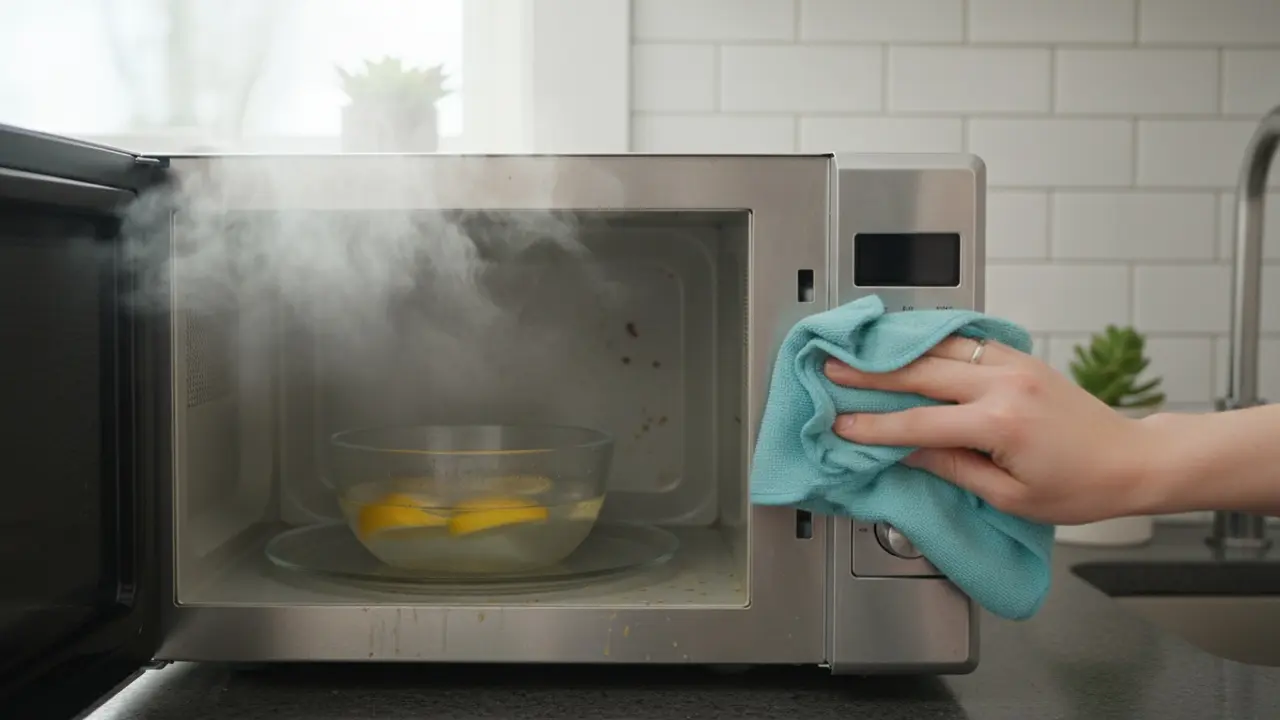 Åben mikrobølgeovn med skål med vand og citronskiver, damp løsner snavs, klud klar til aftørring.