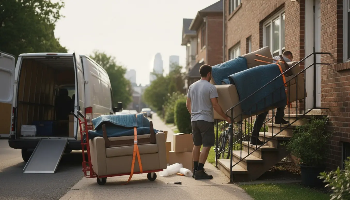 Sofa i dele og flytteudstyr ved en flyttebil mens to personer bærer rammen op ad en trappe.