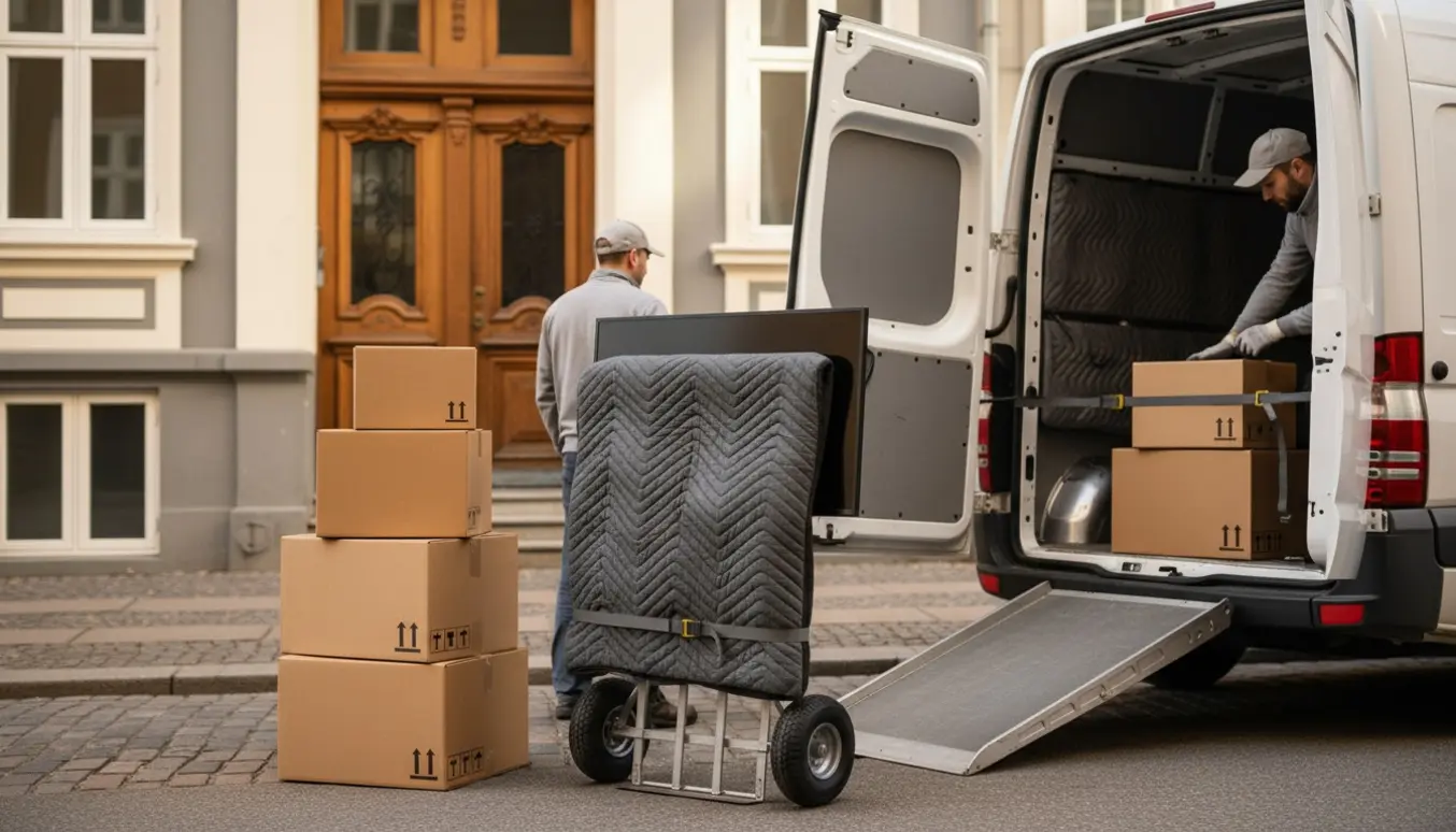 TV pakket ind og fem flyttekasser læsset i en varevogn uden synlige ansigter.