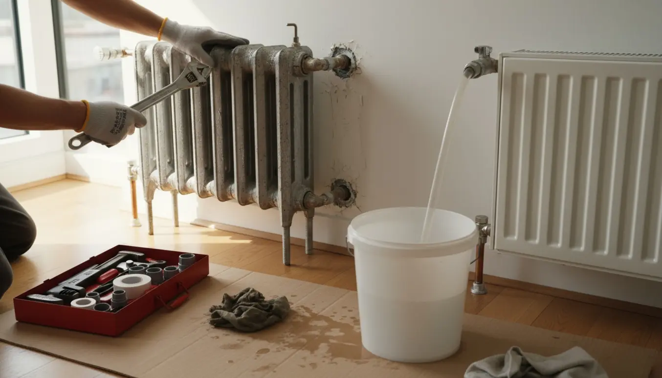 Håndværker afmonterer to radiatorer i en lys lejlighed med spand og værktøj på gulvet.