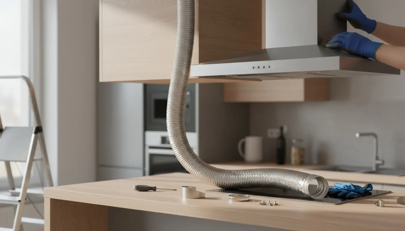 Køkkenemhætte uden tilsluttet ventilationsslange med værktøj klar til montering.