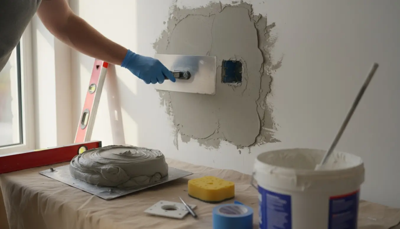 Nærbillede af en hånd, der glatter frisk puds omkring en stikkontakt med værktøj og materialer ved siden af.