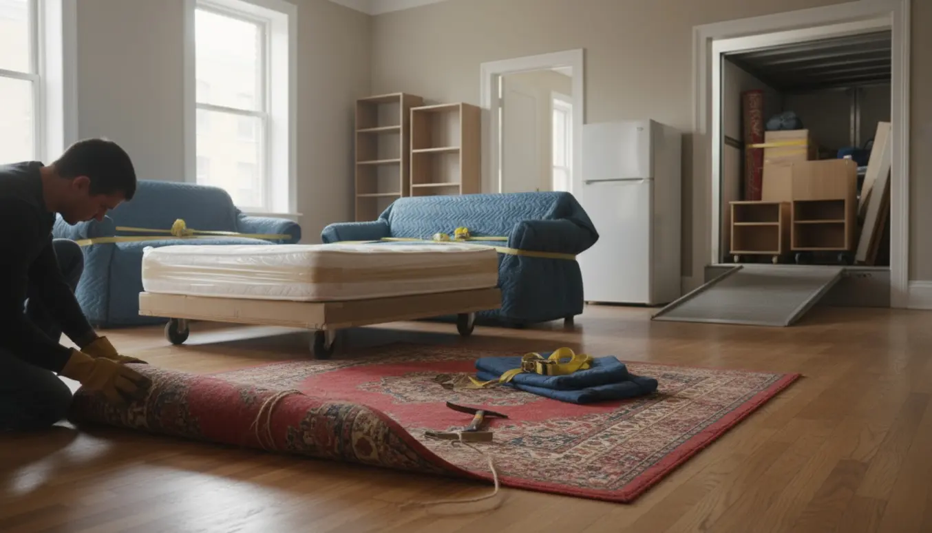 Gulvtæpper og møbler stablet og klar til bortskaffelse i en stueetagelejlighed.