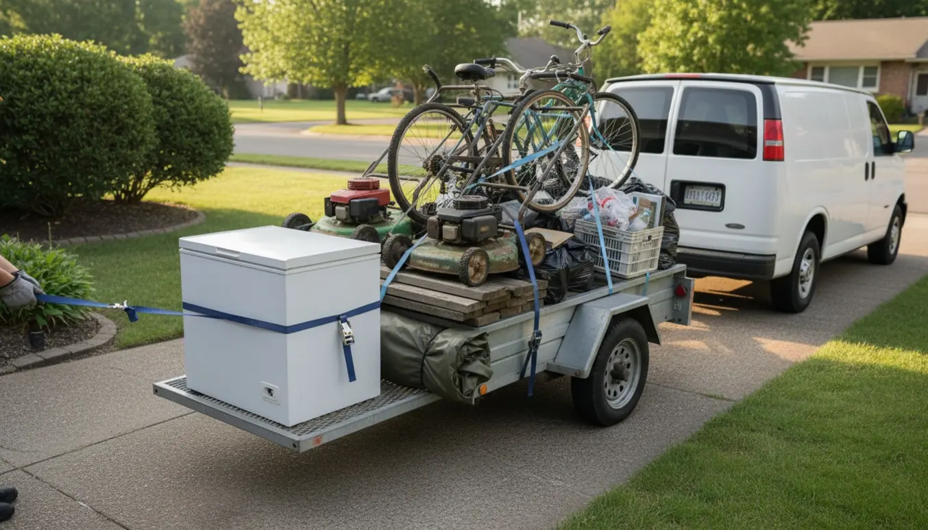 En trailer med en lille fryser, gammelt træ, tre græsslåmaskiner, tre cykler og blandet affald klar til aflevering på genbrugspladsen.