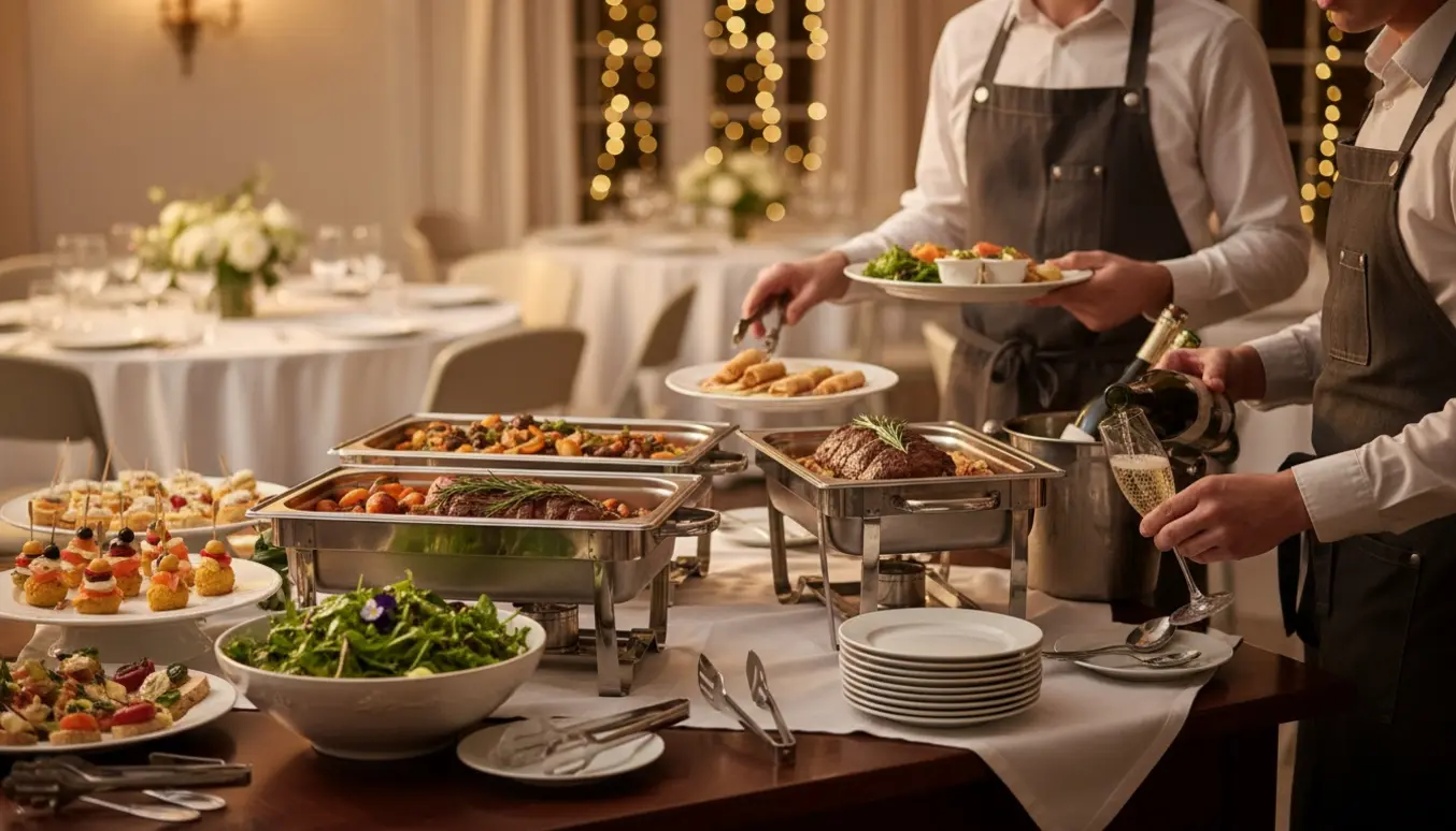 To tjenere fylder op ved en buffet i et varmt oplyst festlokale.