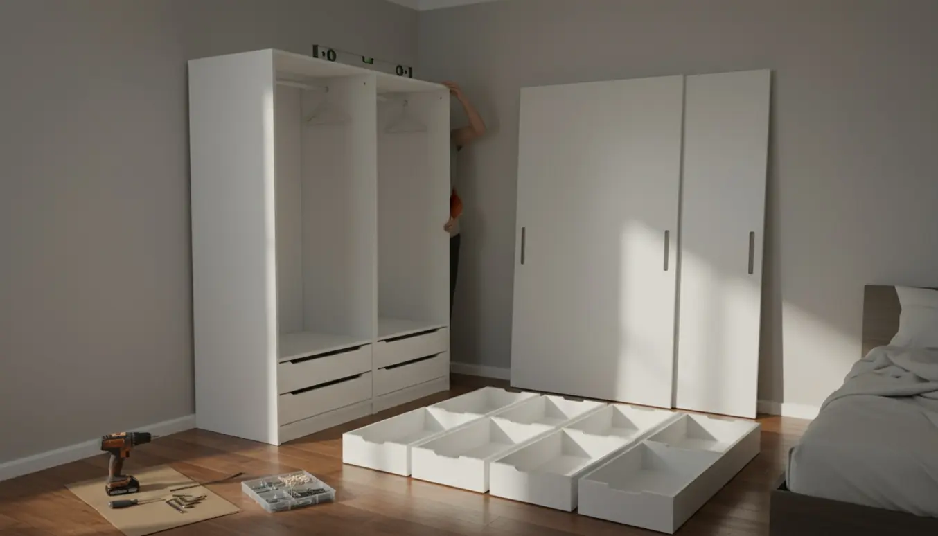 Delvist samlet PAX garderobeskab med skydedøre i soveværelse, værktøj og skuffedele klart synlige, hænder arbejder uden ansigter.