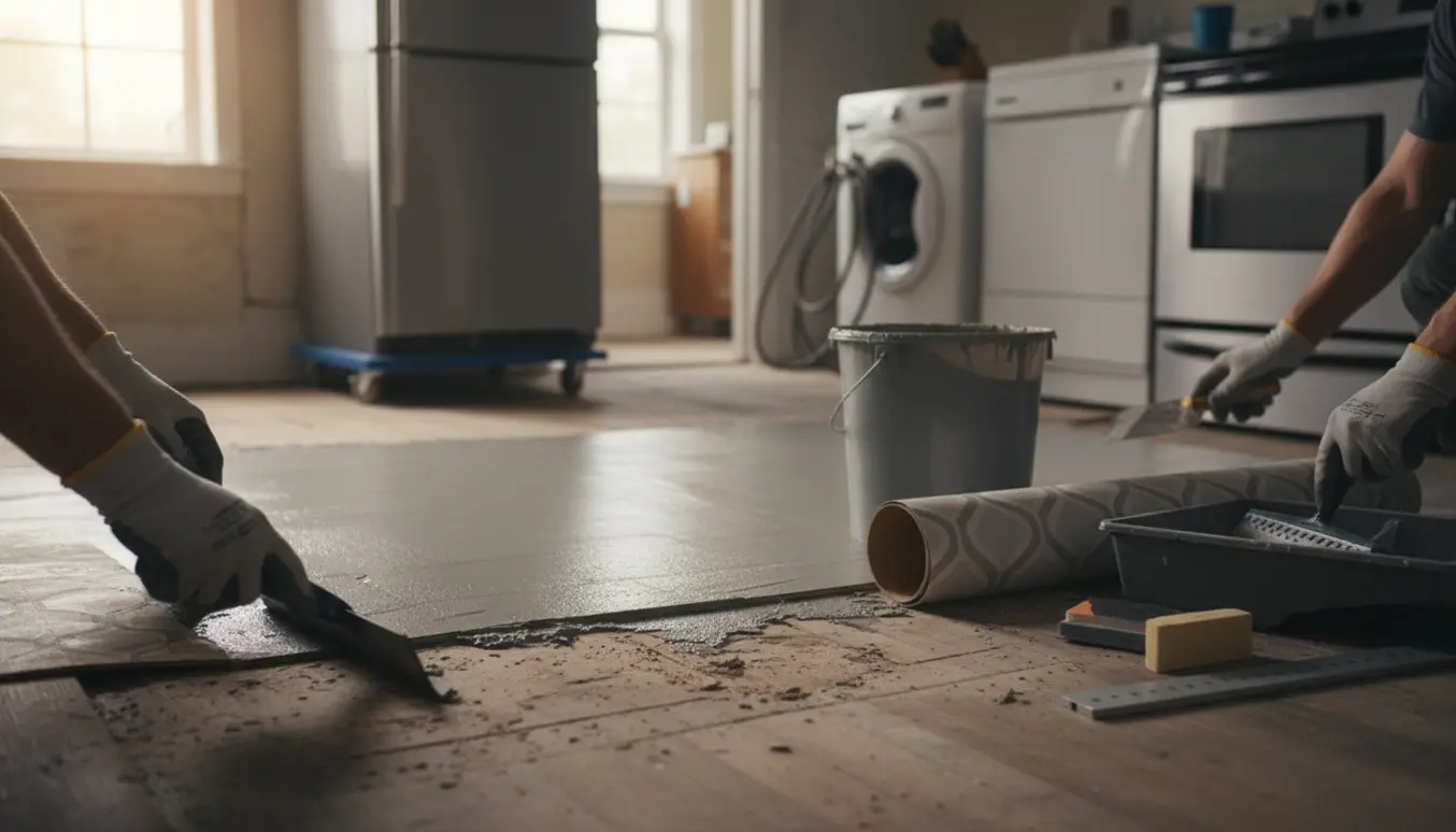 Køkken under renovering med gammelt vinyl fjernet og nyt gulv forberedt, værktøj og flyttede hvidevarer i baggrunden.