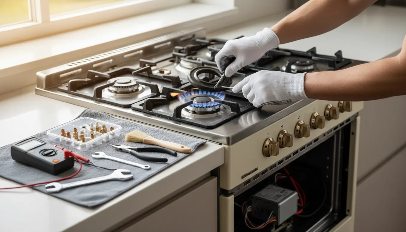 Nærbillede af hænder, der reparerer et gaskomfur med værktøj og reservedele på en lys køkkenbordplade.