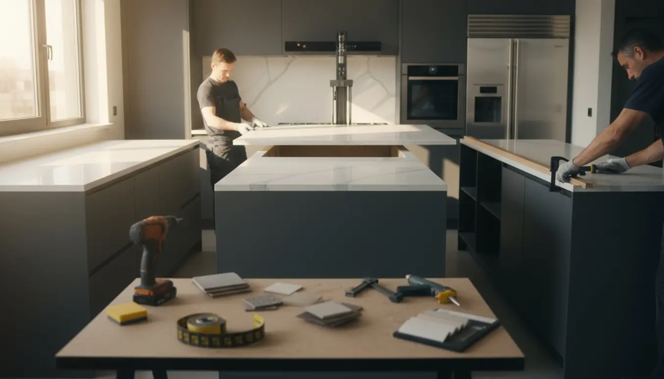 Hænder monterer nye kvartsoverflader og lister i et lyst køkken, klar til udskiftning af tre bordplader.