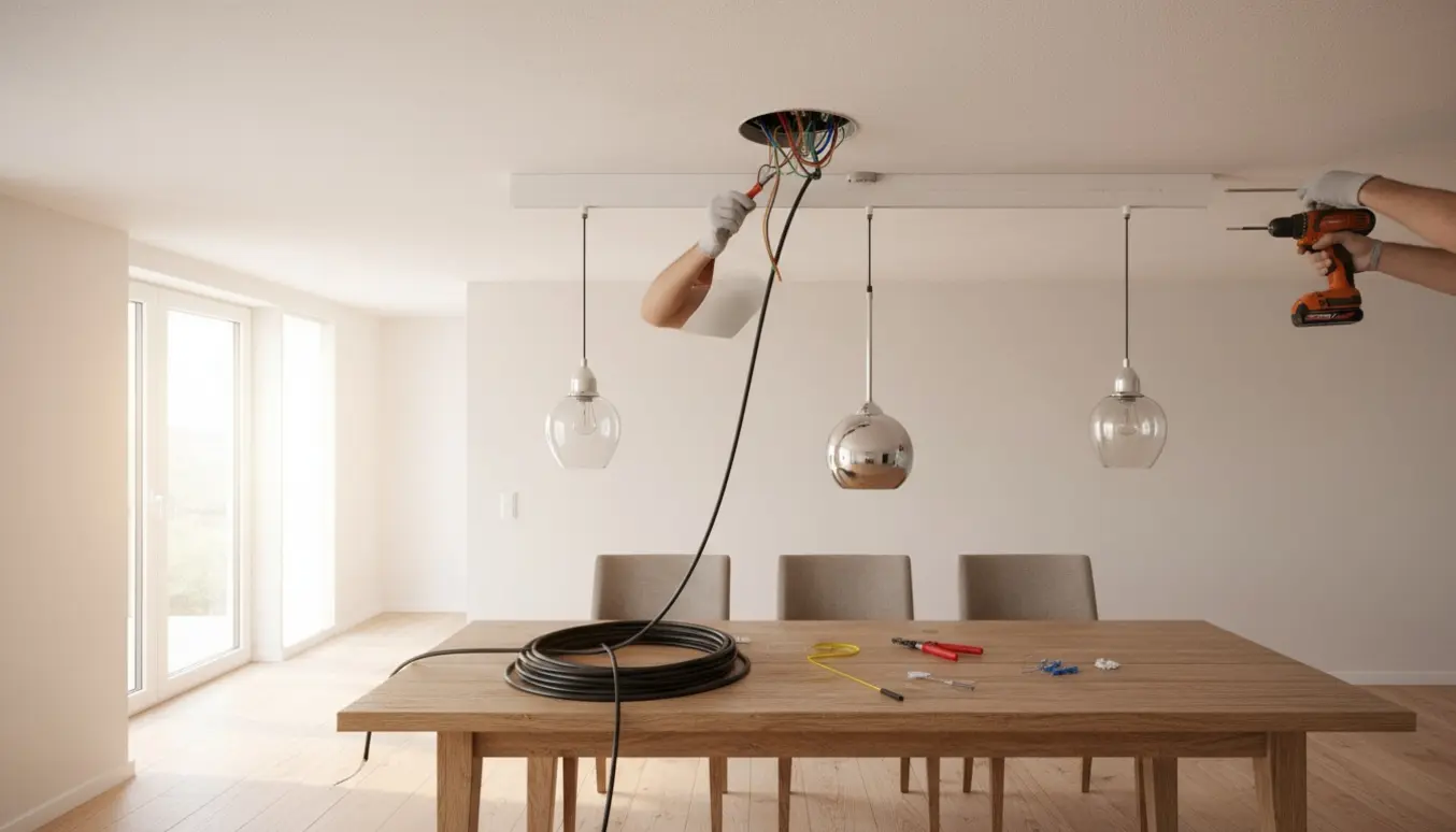 Elektriker monterer to lamper på skinnesystem og hænger en lampe med svanehals over et spisebord med ledning og værktøj synligt.