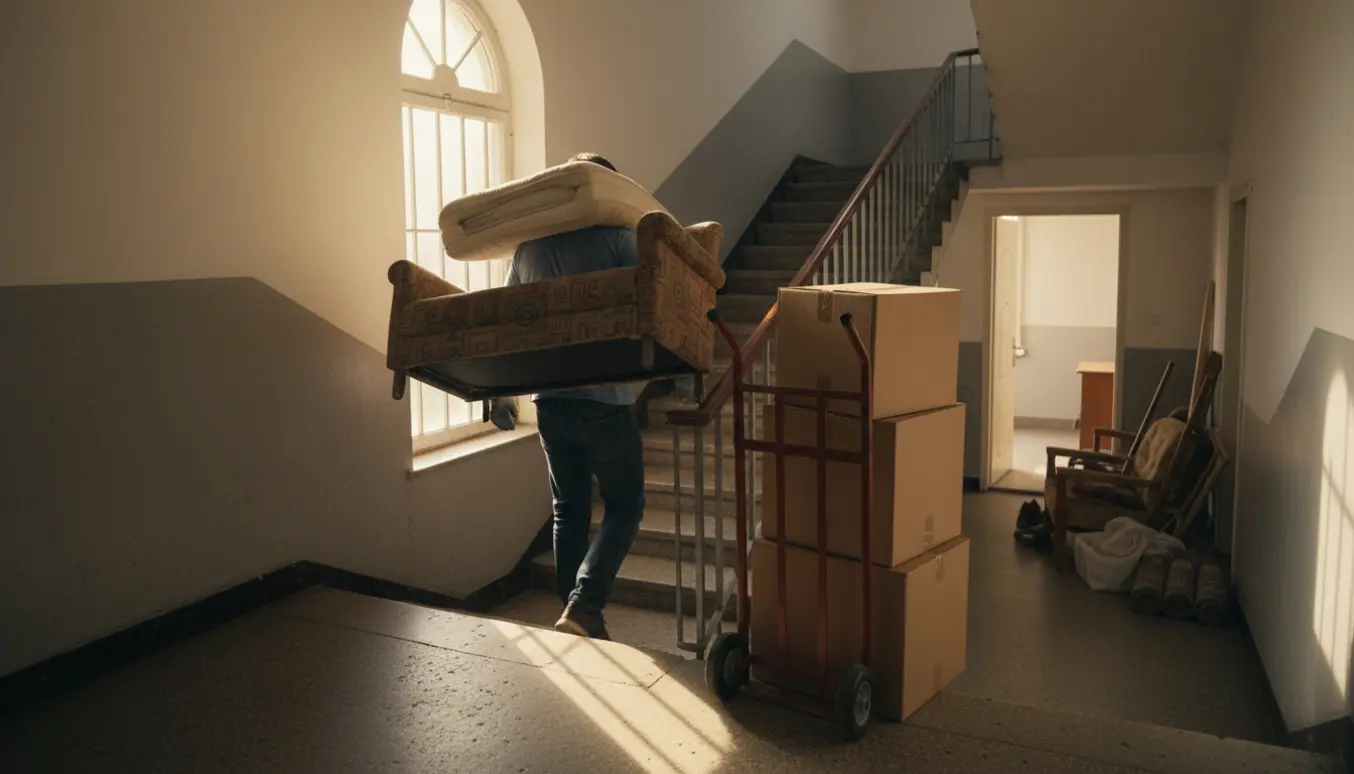 En person bærer en adskilt lille sofa, en topmadras og kasser ned ad en opgang klar til storskraldsafhentning.