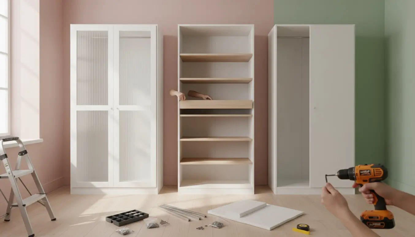 Delvist samlede, høje garderobeskabe i et lyst værelse med værktøj og hænder, der monterer en låge.