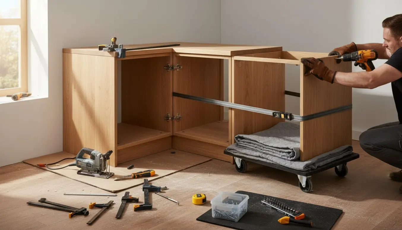 Hænder i arbejdshandsker adskiller to træ-køkkenelementer, det ene på en dolly klar til flytning med værktøj og savsmuld omkring.