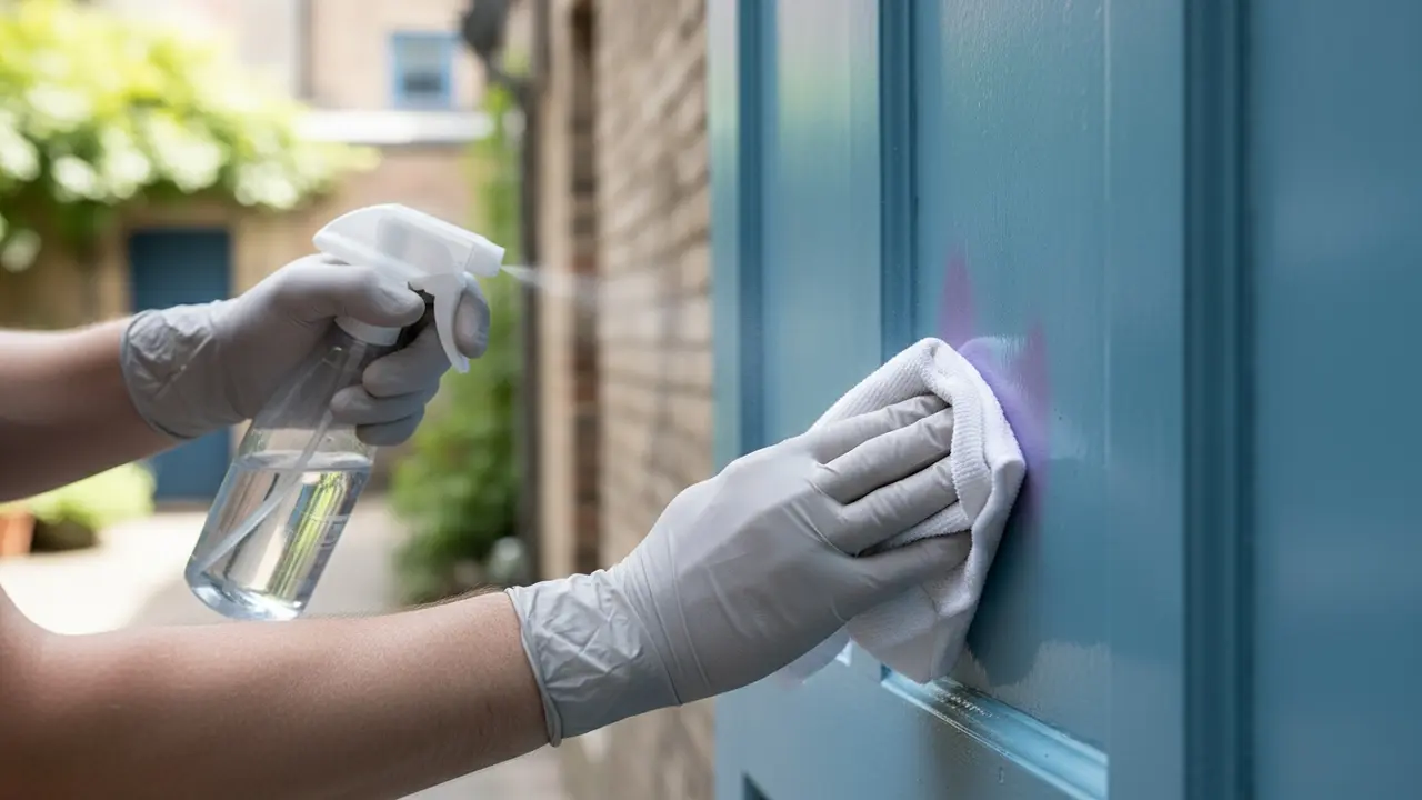 Hånd tørrer graffiti af en lakeret dør med microfiberklud og mild spray