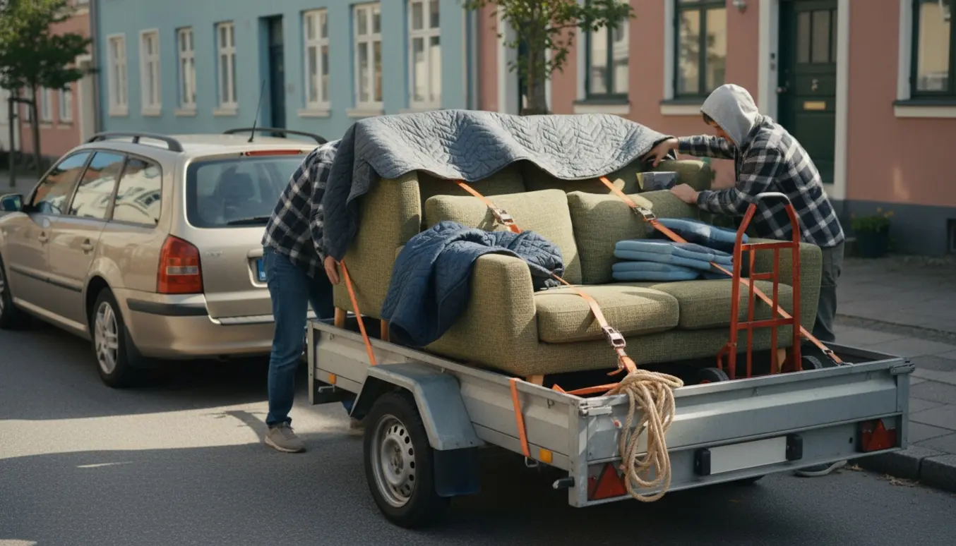 Sofa og lænestol pakket og spændt fast på en trailer foran en bolig i en stille, skandinavisk gade.
