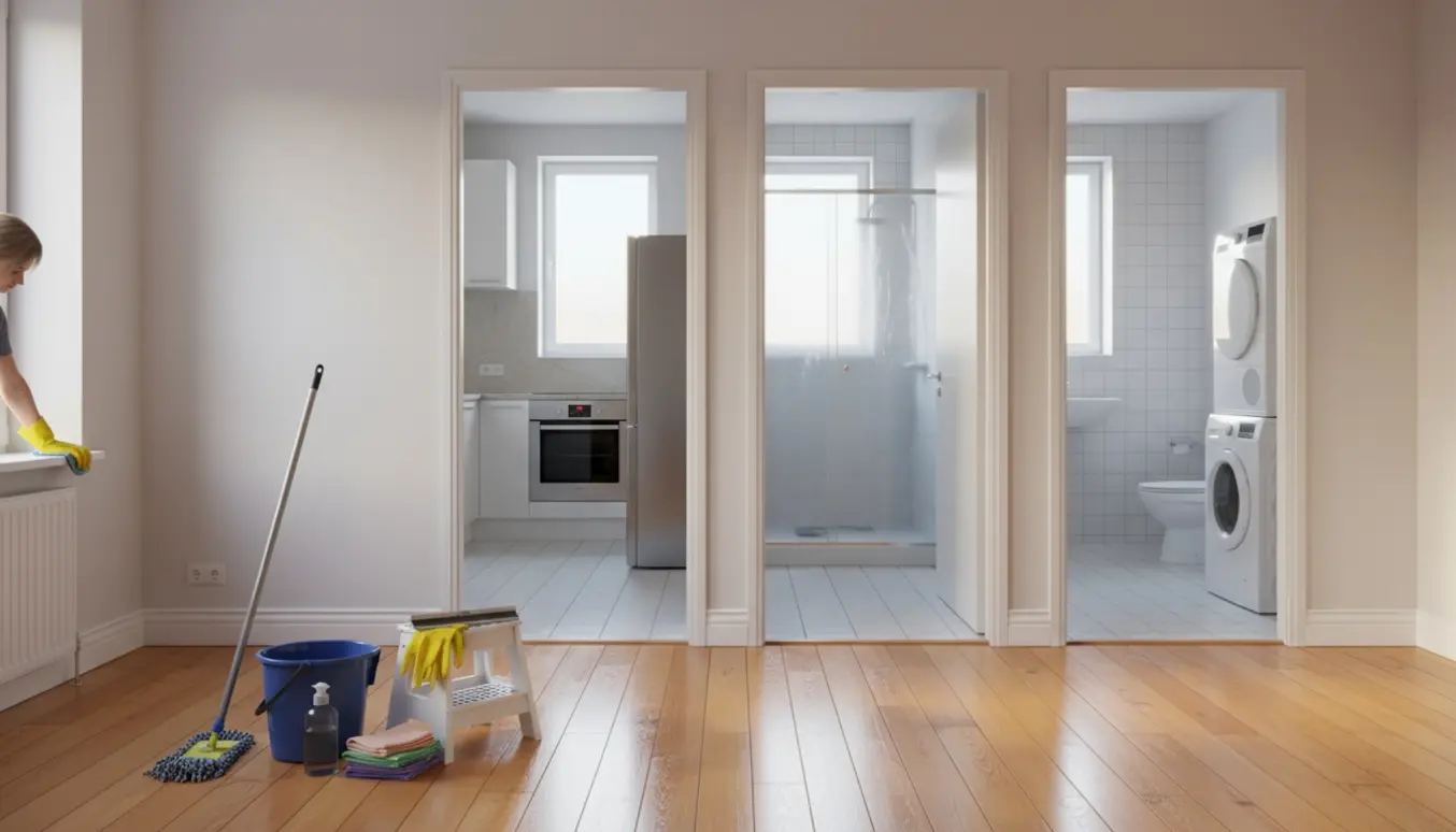 Ryddet og nyvasket lejlighed efter flytterengøring med rengøringsudstyr i forgrunden.