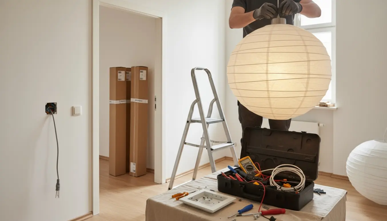 Gloved hænder hænger en stor rispapirslampe i et rum med højloft, med værktøj, stige og åbne ledningsudtag i forgrunden.
