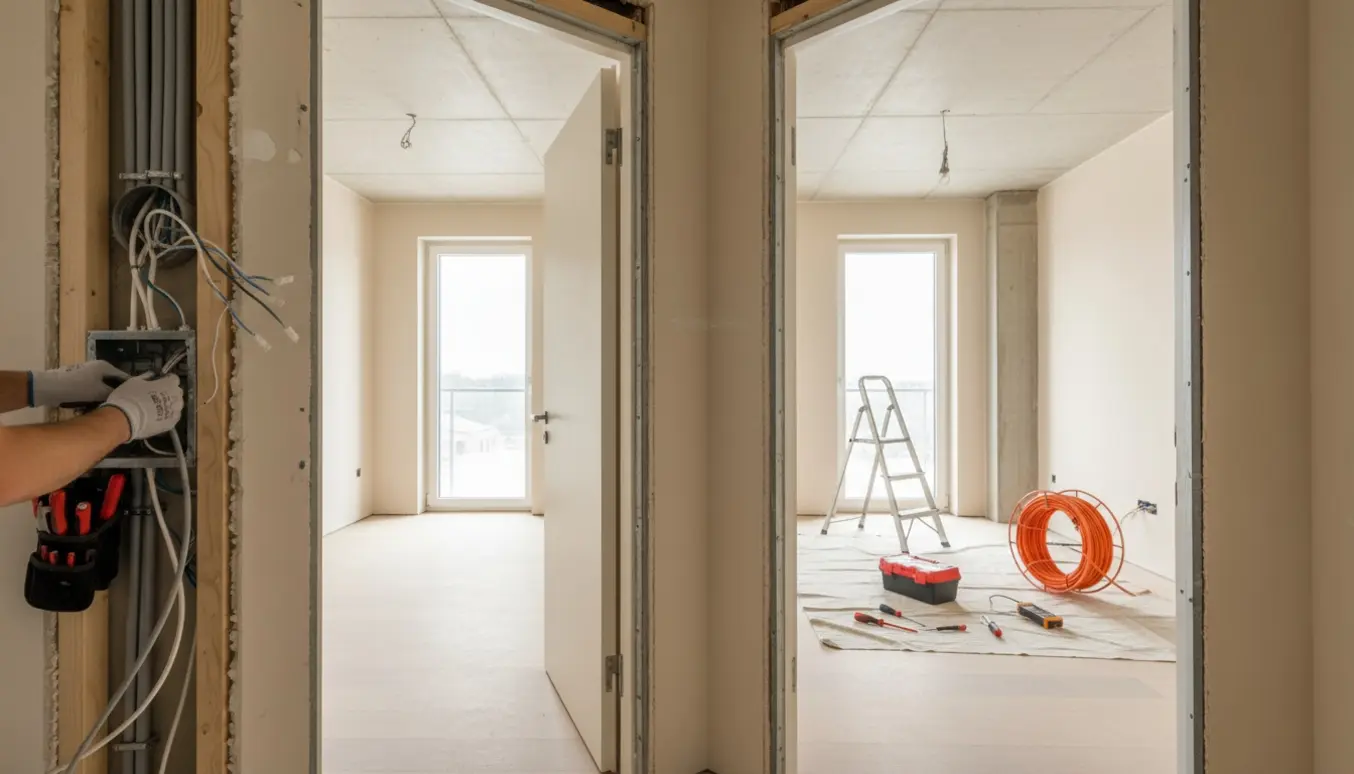 Elektrikerens hænder installerer nye el-ledninger i to nabolejligheder med værktøj på gulvet.