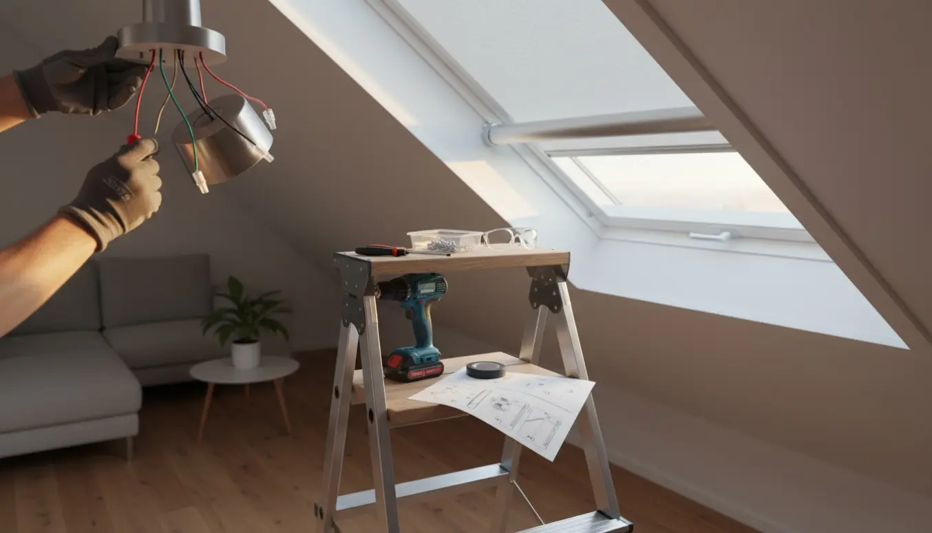 Hænder monterer en loftlampe under skråloft mens et rullegardin ved skråvinduet er ved at blive sat op.
