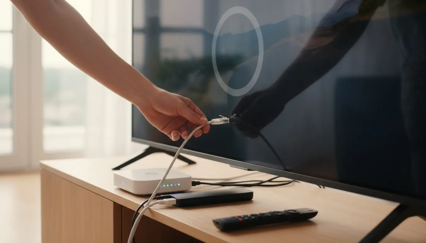 Hænder tilslutter et Ethernet-kabel til en moderne fladskærm med router og fjernbetjening på et ryddeligt tv-møbel.