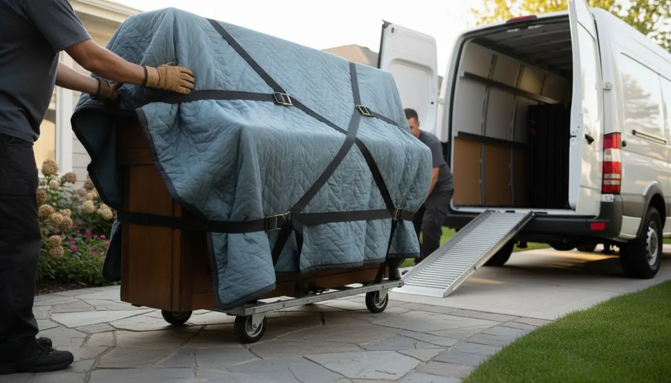 Upright klaver pakket i flytteplaid og sikret på en pianetrailer ved en husudgang med varevogn parkeret tæt ved.