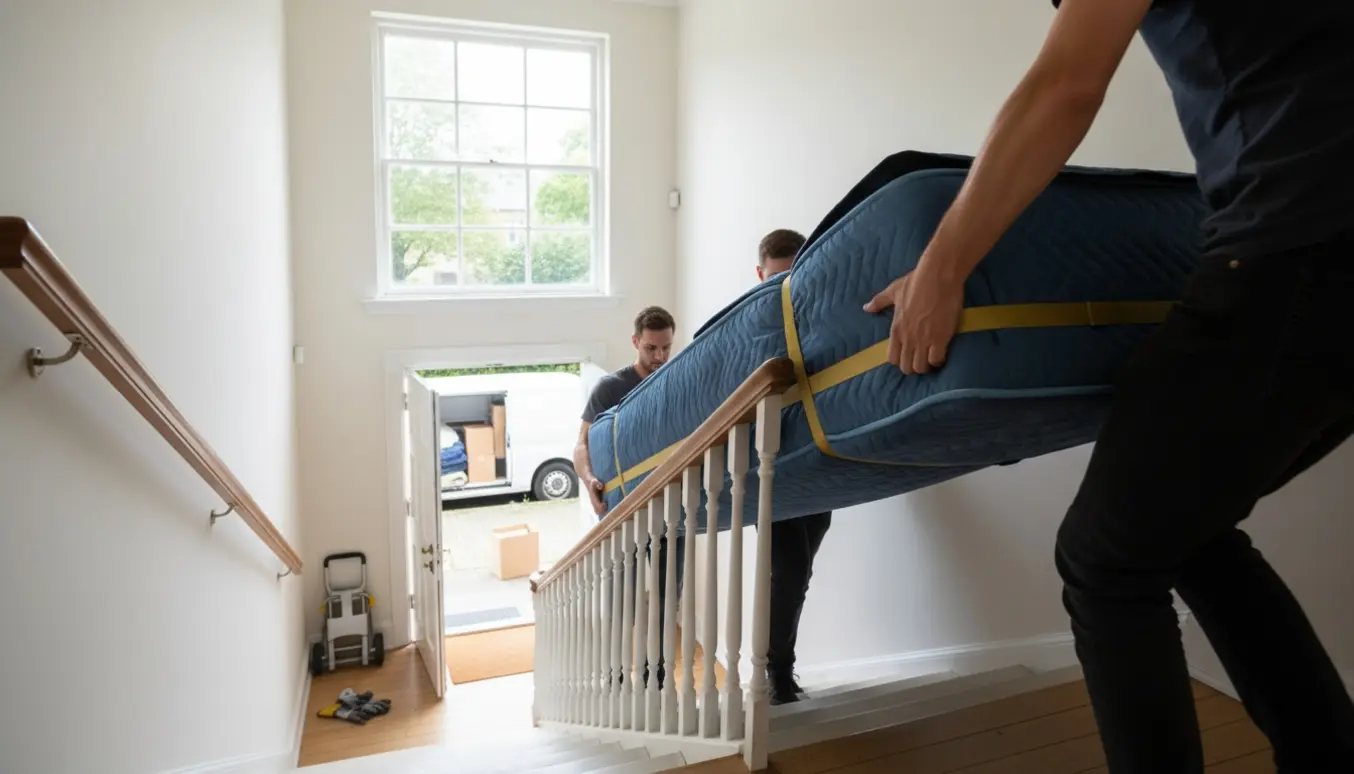 To flyttemænd og en hjælper bærer en 140 x 200 cm madras ned ad en lys, bred trappe mod en ventende flyttevogn.