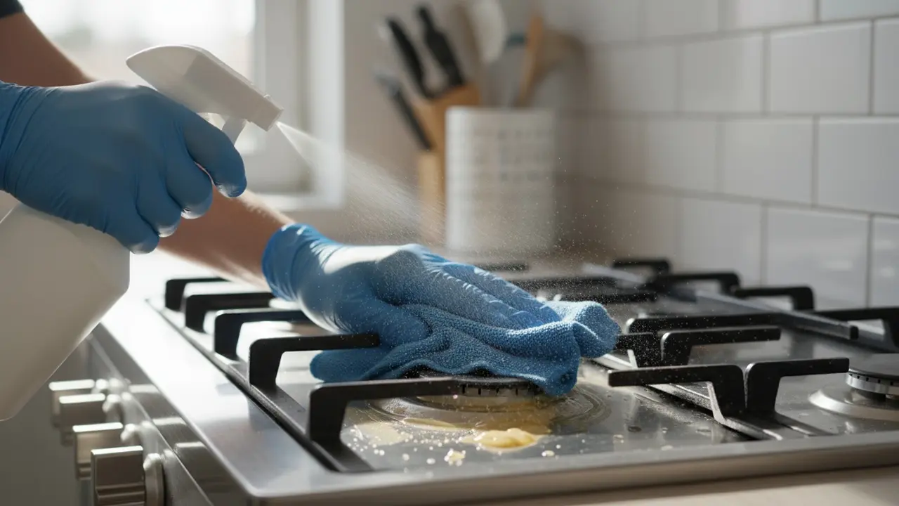 Nærbillede af en person, der sprayer og fjerner fedt fra en komfurplade med mikrofiberklud.