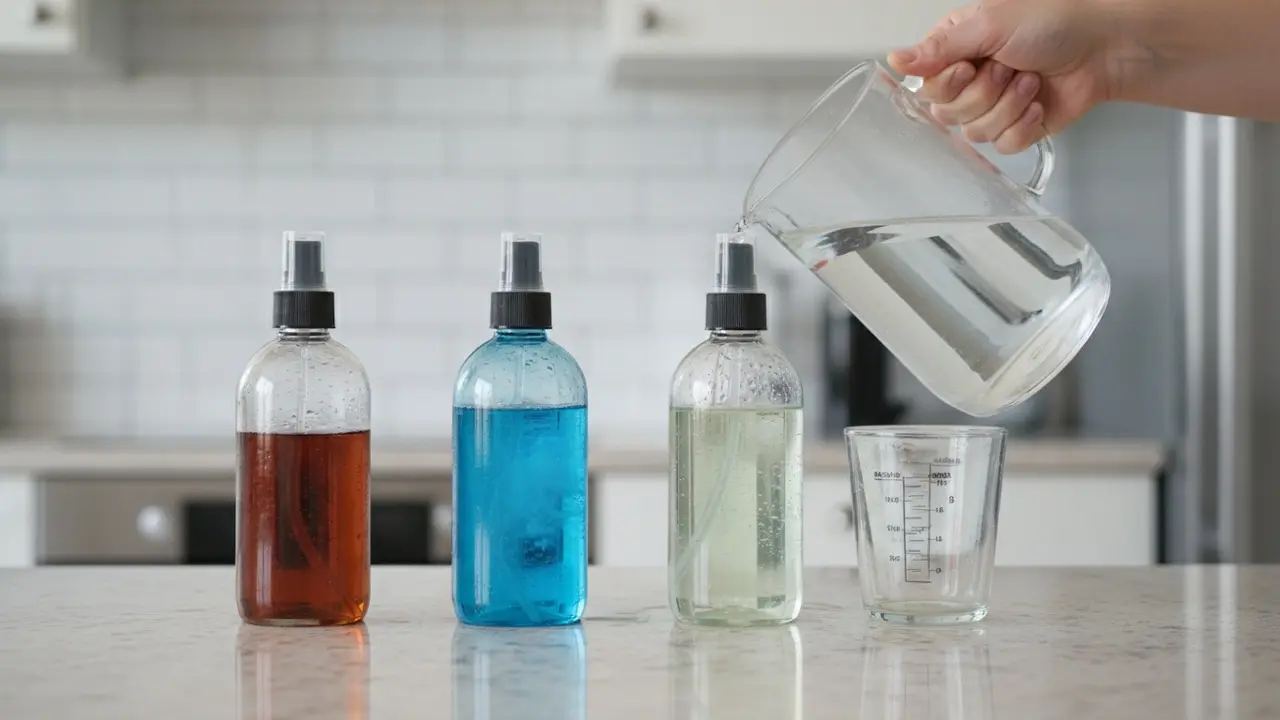 Forskeligt fortyndede sprayflasker og et målebæger på køkkenbordet, klar til praktisk brug.