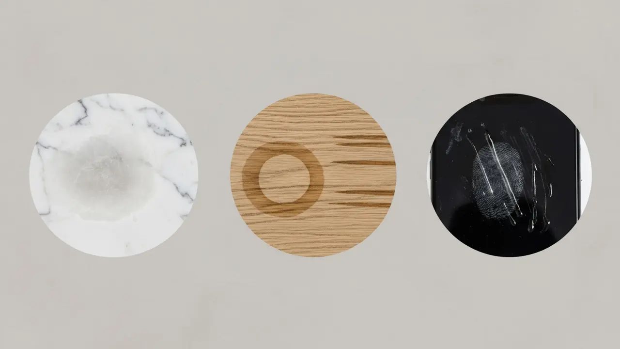 Eksempler på overflader man bør undgå: marmor med matte pletter, ubehandlet træ og en telefon med belægning.