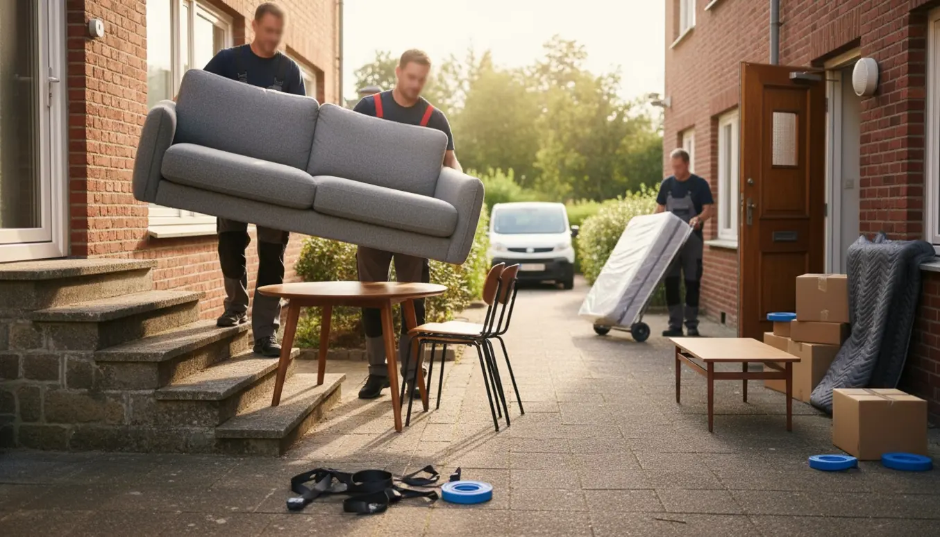 To flyttefolk bærer en sofa ned ad trappen og ruller en madras på en tralle mod et rækkehus med en varevogn parkeret et stykke væk.