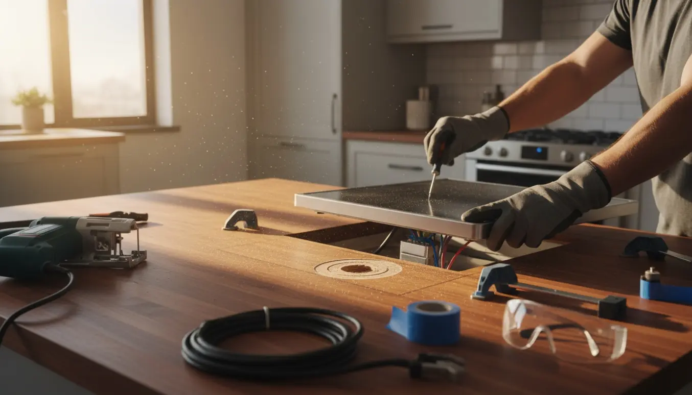 Hænder monterer og tilslutter en ny, bred kogeplade i en træbordplade med værktøj og savsmuld på køkkenbordet.
