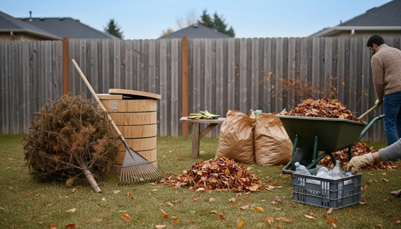Rygvendt person samler blade, flasker og et kasseret juletræ i haven med rive og trillebør.